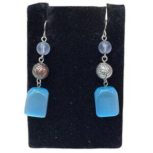 Blue Chalcedony & Sterling  Silver Rose Bead Dangle Earrings Glass Beaded 2"